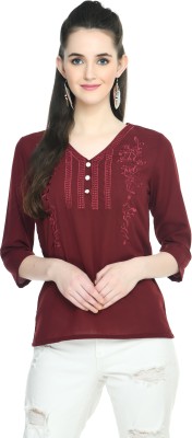 Saha Fashion Casual Embroidered Women Maroon Top