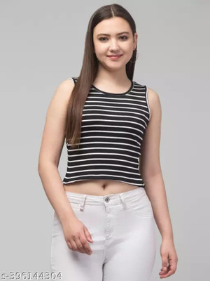 Western Darji Casual Striped Women Black Top
