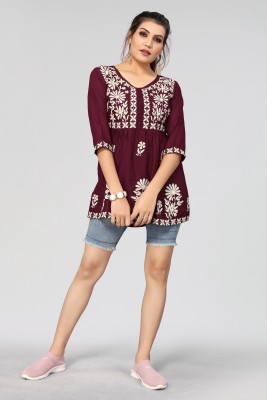 Winza Designer Casual Embroidered Women Maroon, White Top