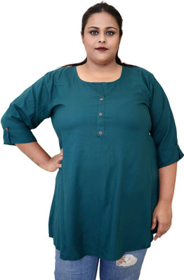myplusfashion Casual Solid Women Dark Green Top