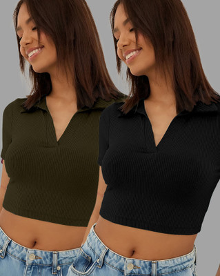 AOOSH Casual Solid Women Dark Green, Black Top