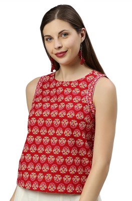 Janasya Casual Sleeveless Floral Print Women Red Top