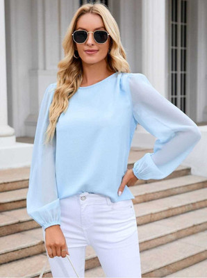 RUNAMORA CREATION Casual Self Design Women Light Blue Top