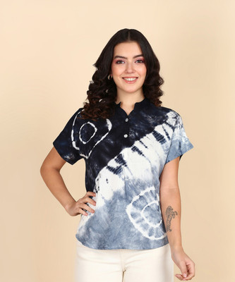 maaesa Casual Tie & Dye Women Black, Grey, White Top
