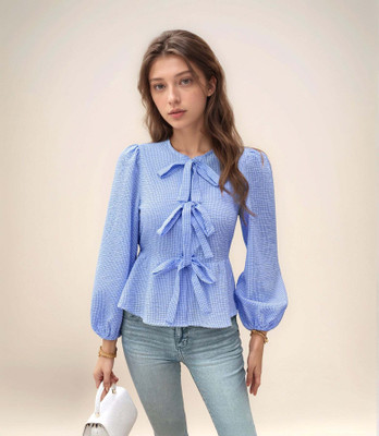 OUTZIDR Casual Checkered Women Blue Top