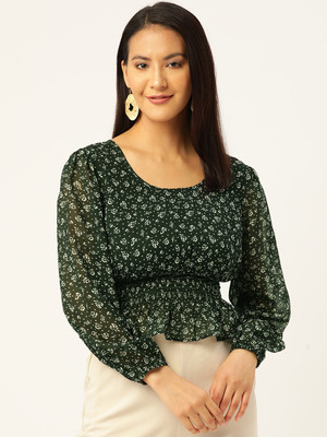 Moda Rapido Casual Floral Print Women Green Top