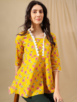 Janakdulari Creation Party Printed Women Yellow Top