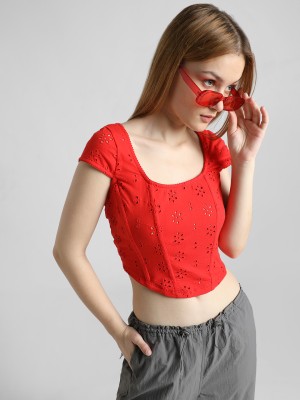 ONLY Casual Self Design Women Red Top