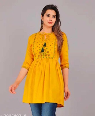 GOVINDPRINT Casual Embroidered Women Yellow Top