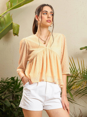 SASSAFRAS Casual Self Design Women Beige Top