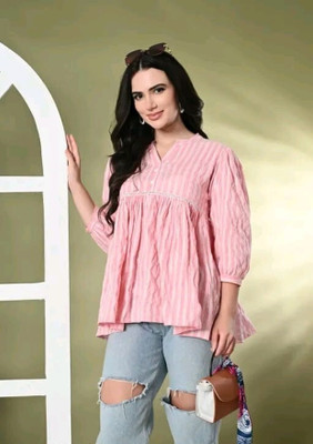 h hiphonic Casual Embroidered, Striped Women Pink Top