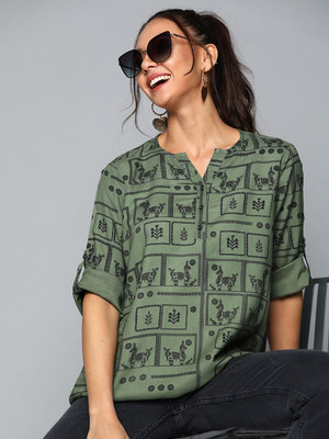 Krishna Creation collation Casual Printed Women Green Top