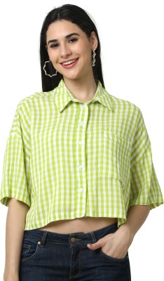 Glam & Chique Casual Checkered Women Light Green Top