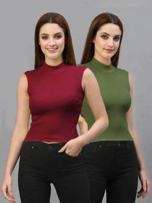 FRISKERS Casual Solid Women Maroon, Dark Green Top