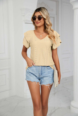 OUTZIDR Casual Self Design Women Beige Top