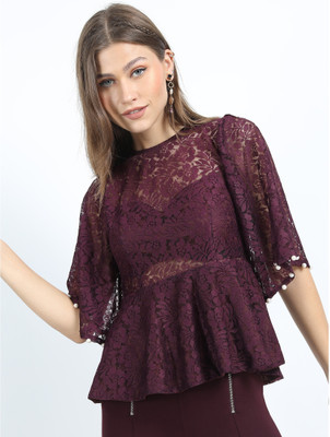 Tokyo Talkies Casual Self Design Women Maroon Top