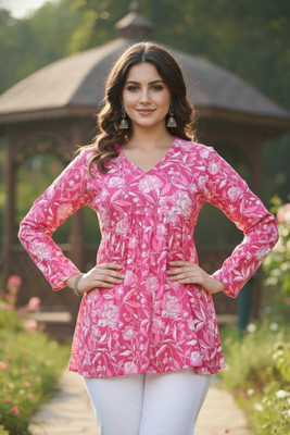 Desi Beats Casual Floral Print Women Pink Top