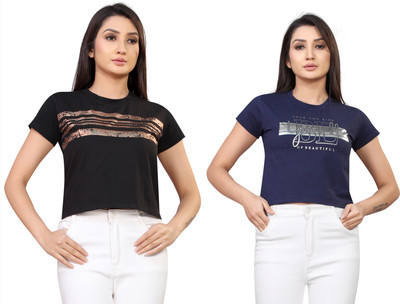 Tween Trends Casual Graphic Print Women Black, Dark Blue Top
