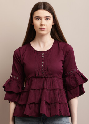 Vrishabhanulali Casual Solid Women Maroon Top