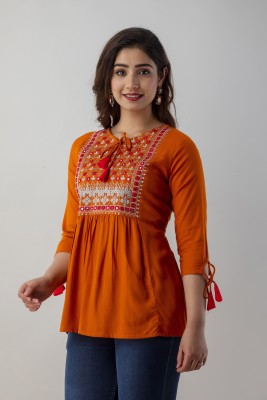 ANNU PARIDHAN Casual Embroidered Women Orange Top