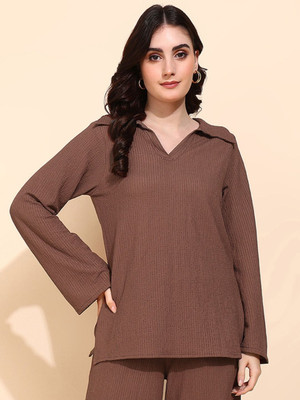 Dressberry Casual 3/4 Sleeve Solid Women Brown Top