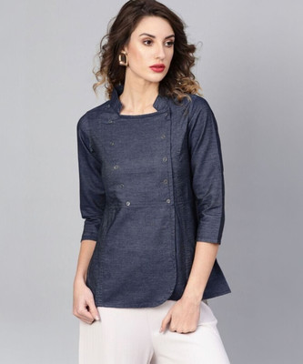 Yash Gallery Casual 3/4 Sleeve Solid Women Blue Top