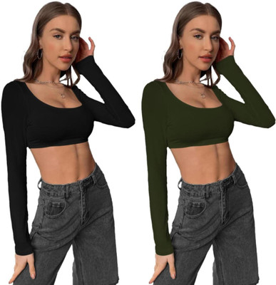 jovo Party Self Design Women Dark Green, Black Top