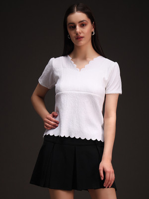 Emeros Casual Laser Cut, Solid, Self Design Women White Top