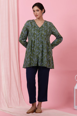 Folksong Casual Floral Print Women Green Top