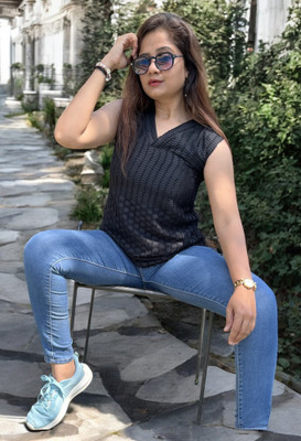 bhanderi fashion Casual Self Design Women Black Top