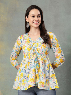 God Bless Casual Floral Print Women Yellow Top