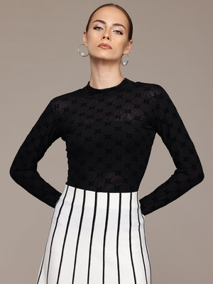 bebe Casual Self Design Women Black Top