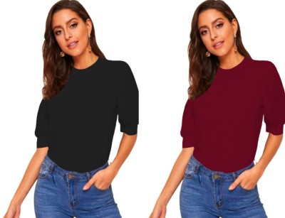 Dream Beauty Fashion Casual Solid Women Maroon, Black Top