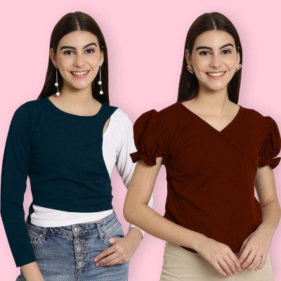 Tromko Casual Solid Women Dark Blue, Maroon, White Top