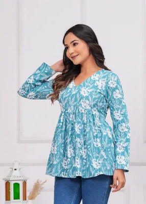 ARZOO Casual Floral Print Women Blue Top