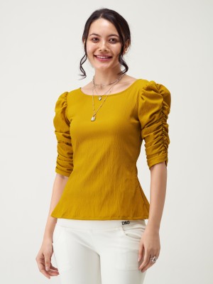 AASK Casual Solid Women Yellow Top