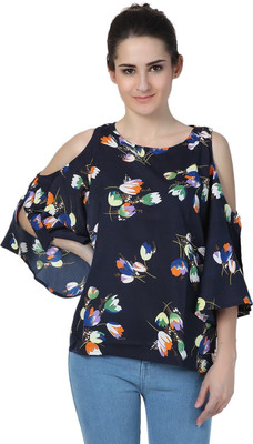 Rangmor Casual 3/4 Sleeve Floral Print Women Dark Blue Top