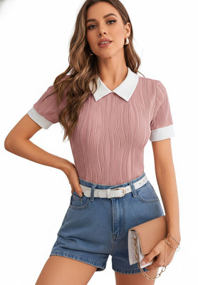 Leriya Fashion Casual Self Design Women Pink Top