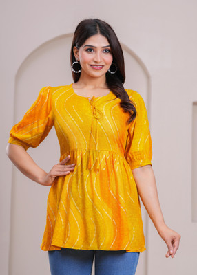 AKSHUNA Casual Chevron/Zig Zag, Printed Women Orange Top