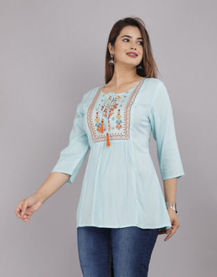 RNfab Casual Embroidered Women Light Blue, Red, Yellow Top