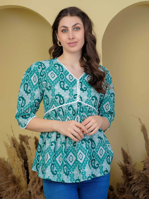 Threadflix Casual Floral Print Women Green Top