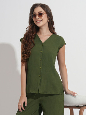 Dressberry Formal 3/4 Sleeve Self Design Women Green Top