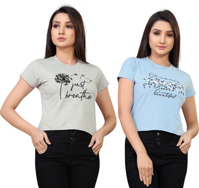 Tween Trends Casual Graphic Print Women Grey, Light Blue Top