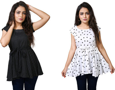 SkymanFashions Casual Printed Women Black, White Top