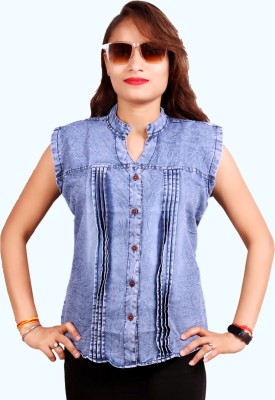 M'COT Casual Washed Women Light Blue Top