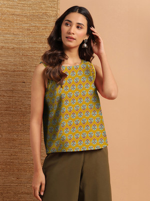 Janasya Casual Floral Print Women Yellow Top