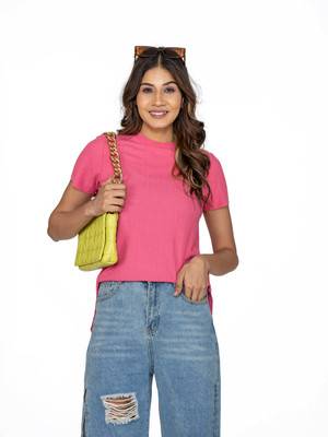 Amadore Casual Solid Women Pink Top