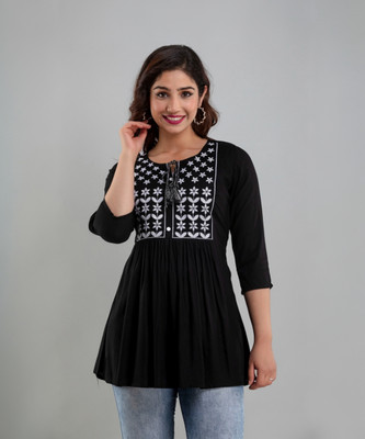 HOMEDECOR Casual Embroidered Women Black Top
