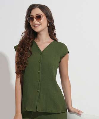 FashFun Formal 3/4 Sleeve Self Design Women Green Top