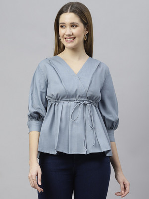 FLAMBOYANT Party Solid Women Light Blue Top